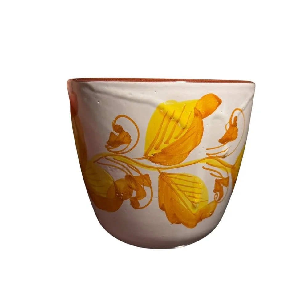Vintage Italian Hand Painted Floral Ceramic Planter Cache Pot Yellow
